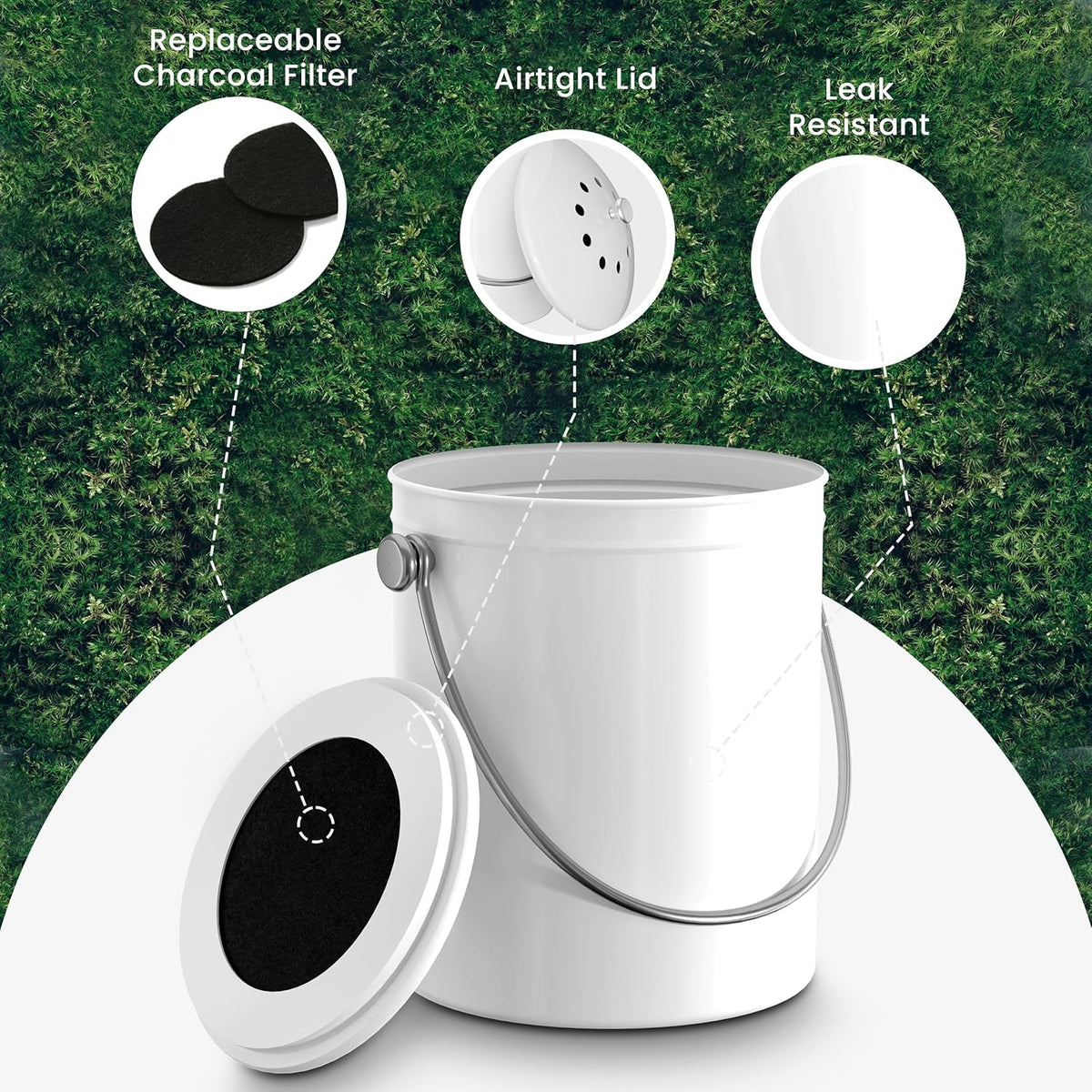 Utopia Kitchen Compost Bin for Kitchen Countertop, 1 Gallon Compost Bucket for Kitchen with Lid, Includes 1 Spare Charcoal Filter (White)