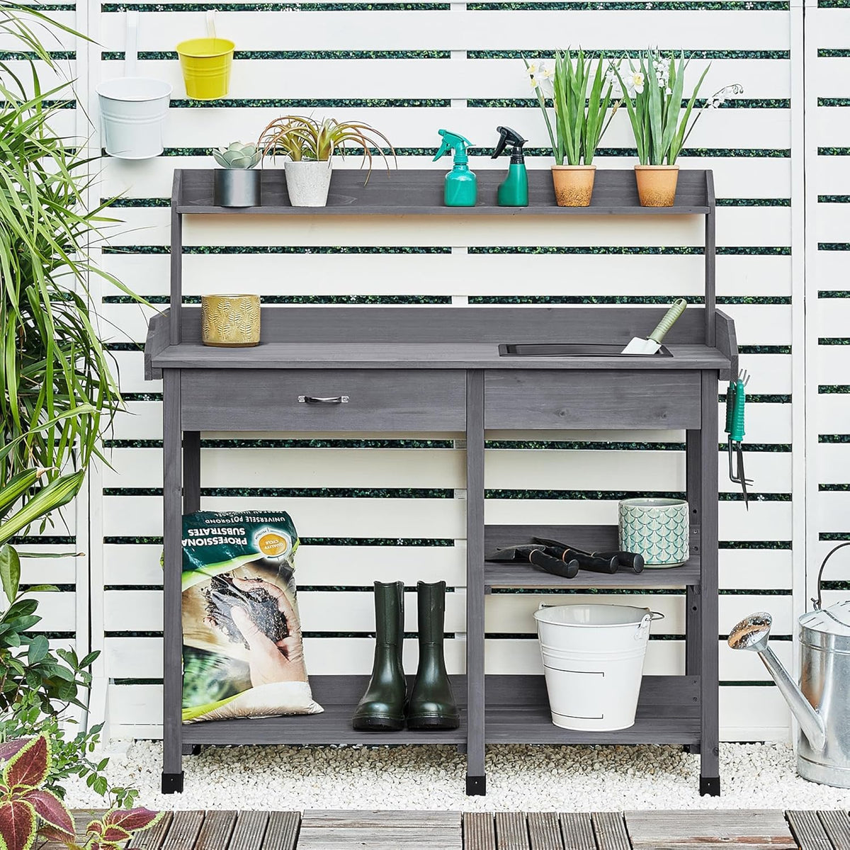Yaheetech Outdoor Potting Bench Table Potters Benches Garden Workstation for Horticulture with Drawer/Adjustable Shelf Rack/Removable Sink/Hooks/Pads, Gray
