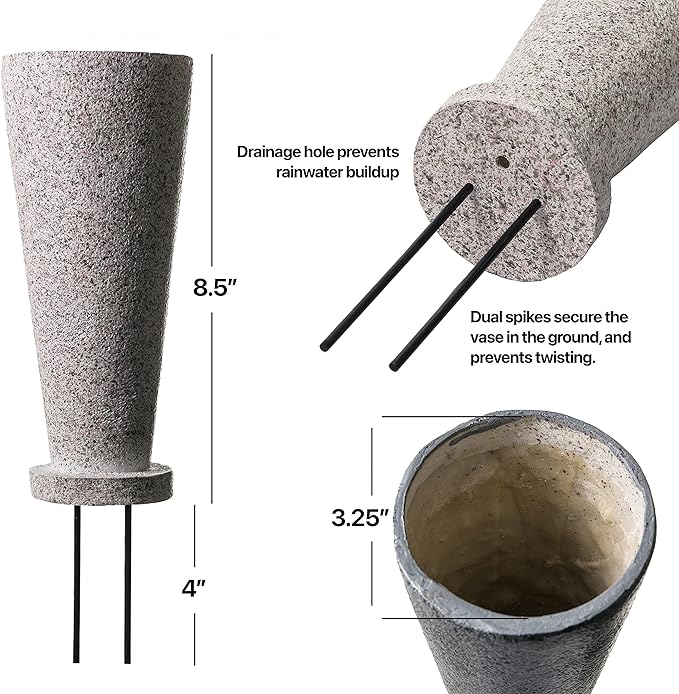 Cemetery Vase with Stakes - Plastic Flower Vases with 2 Ground Spikes, Draining Holes - for Garden, Lawn, Yard - Memorial Grave Decorations 12.7x3.4x3.9, Grey Granite Design