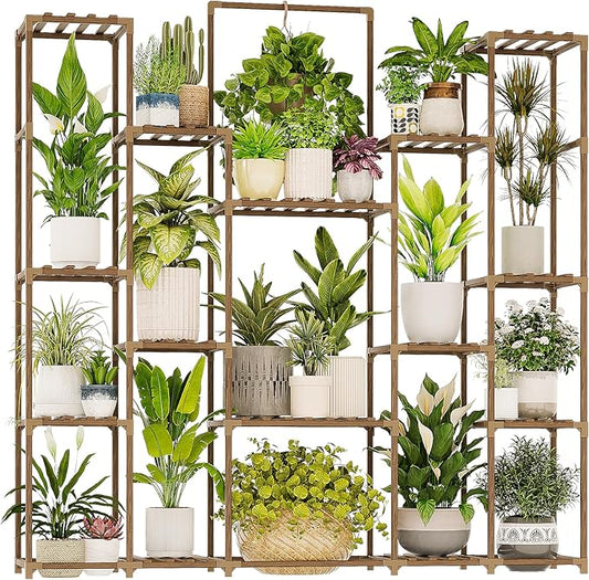 Bamworld Large Plant Shelf Plant Stand Indoor Hanging Tall Outdoor Plant Holder Wood for Multiple Plants Plant Rack for Living Room Garden Balcony Flower 17 Pots Wide