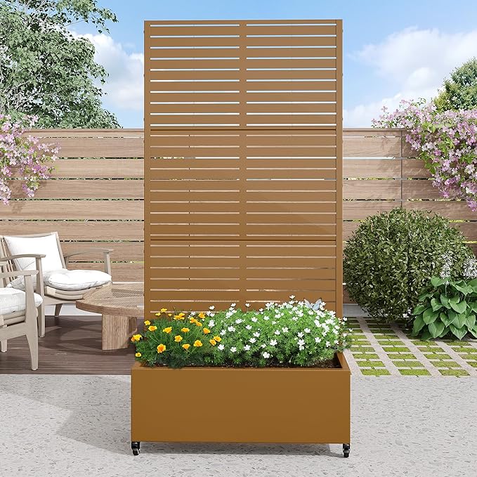 Casaphoria Metal Raised Garden Bed with Trellis and Wheels, 72"x35"x16" Planter Box for Climbing Plants, Vegetables & Vines, Features Drainage Holes and Privacy Screen (Brown-Louvered)
