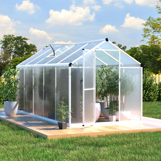 6' x10' Double-Wall Polycarbonate Aluminum Greenhouse Kit for Outdoor, Walk-in Greenhouse with Lockable Door and Adjustable Roof Vent, Backyard Garden in Winter, White