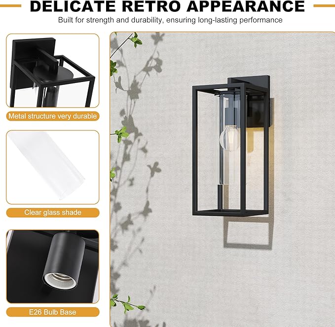 15.7 Inch Outdoor Wall Lights, Outdoor Wall Lantern with Circular Clear Glass Shade, Waterproof Exterior Lighting Fixtures, Modern Front Porch Lighting for House, Garage, E26 Base, ETL Listed, Black