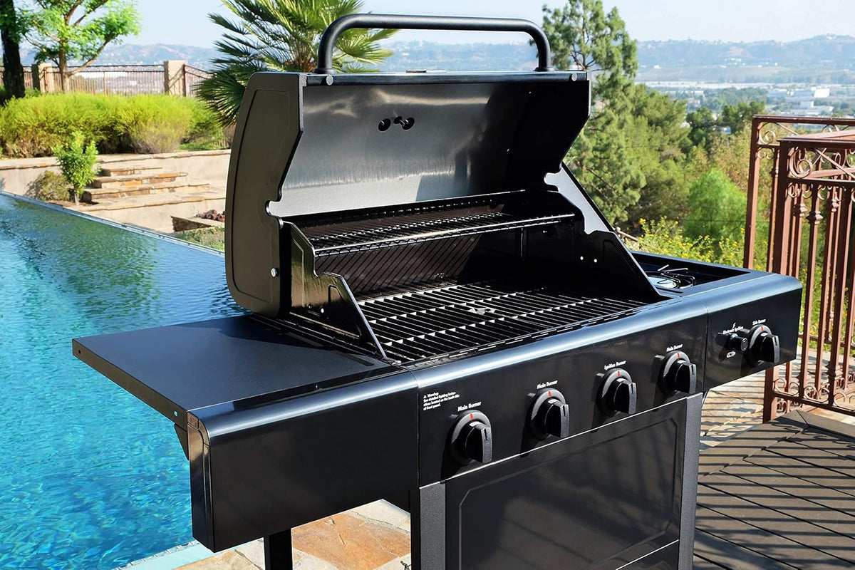 Kenmore 4-Burner Gas Grill with Side Burner, Outdoor BBQ Grill, Propane Gas Grill, Cast Iron Cooking Grates, Electronic Ignition, Warming Rack, Open Cart Design, 53000 BTUs, Black