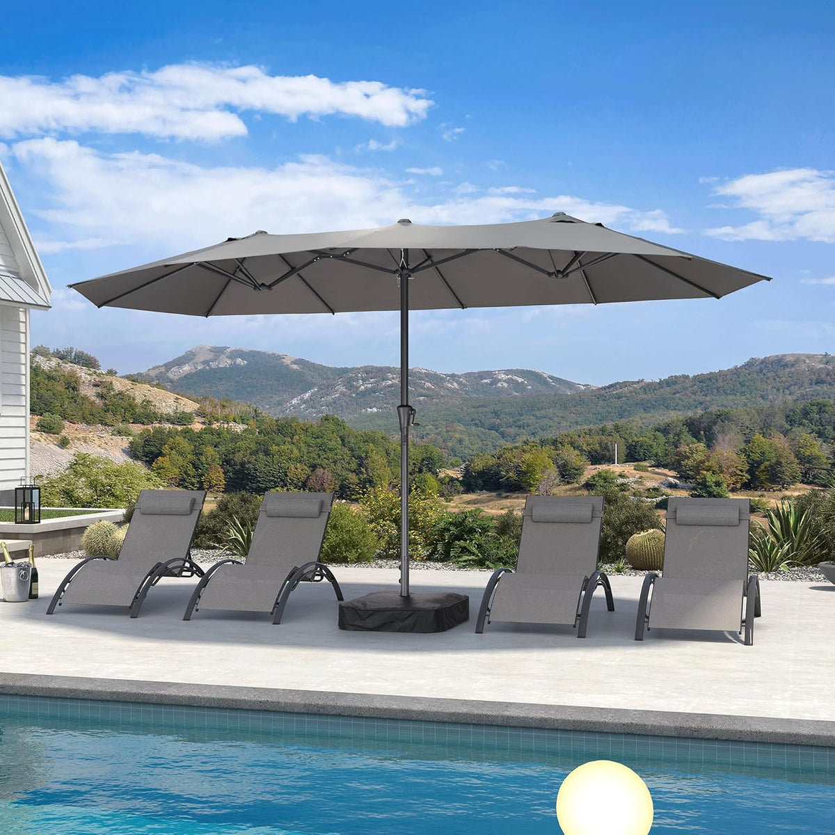 PURPLE LEAF 14ft Patio Market Umbrella Outdoor Double-Sided Umbrella with Base and Crank Rectangle Table Umbrella for Pool Deck Garden, Grey