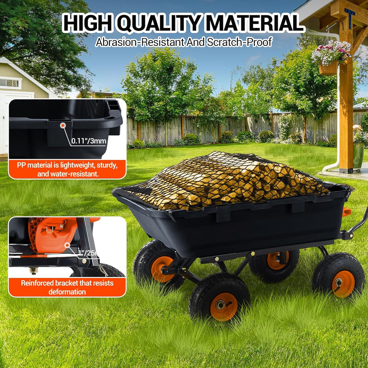 Garvee 800 lbs Poly Garden Dump Cart, Heavy-Duty Wheelbarrow with 10-Inch Tires, 180° Rotating Handle, Steel Frame and Quick Release System Garden Dump Cart for Soil Plants Gardening Tools Wood