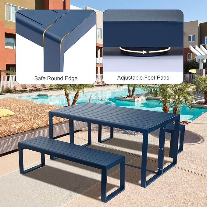 Aoodor 3-Piece Outdoor Patio Dining Set, Aluminum Furniture Set with 1 Rectangular Picnic Table and 2 Benches for Garden, Lawn, Yard