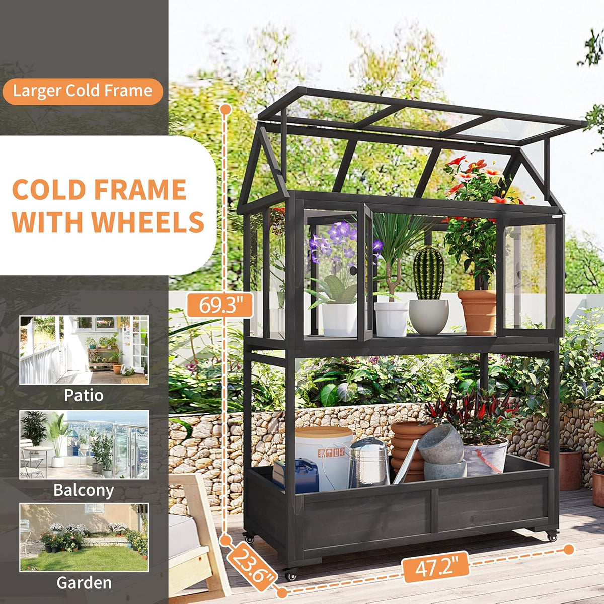 Garden Wood Portable Cold Frame - Mini Greenhouse with Wheels, Open Roof & Storage (Black+ Wood Color + WoodColor)