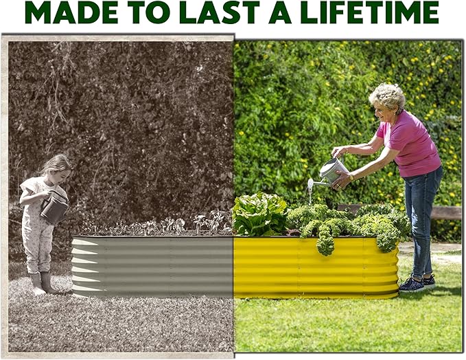 9-in-1 Galvanized Steel Raised Garden Bed // 8×2×1.5 ft Modular Planter for Gardening, Vegetables, Flowers // 18" Tall Metal Raised Garden Beds Outdoor (Yellow) // Patented Design Planter Box