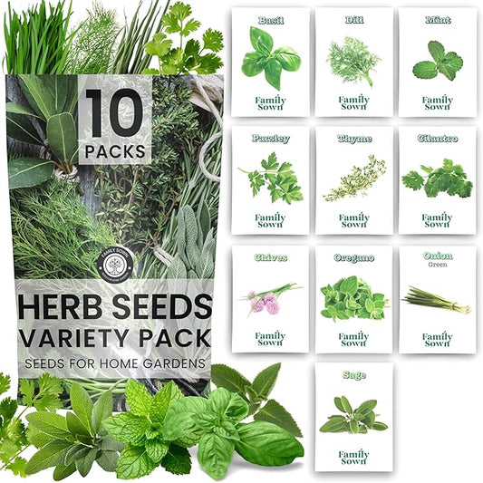Herb Seeds | 10 Invidiual Packs | 2025 Season | Non-GMO | Mint, Parsley, Basil, Thyme & More! | for Planting Indoor & Outdoor | by Family Sown