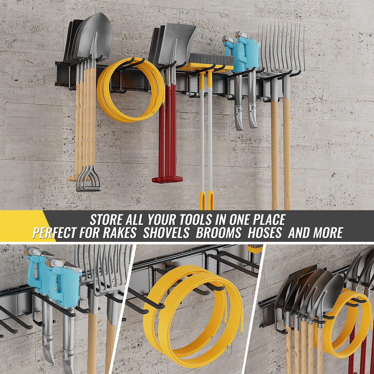 Garage Tool Rack Wall Mount – 32 Inches Heavy-Duty Garden Tool Holder with 4 Adjustable Hanging Hooks – Garage Wall Storage Organizer for Shovel, Rake – Max Load 360 lbs (32 inch)