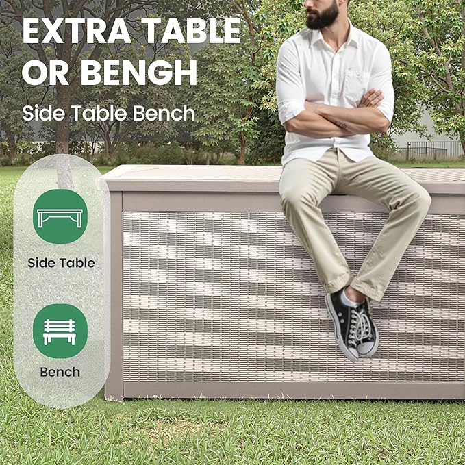 260 Gallon Storage Box, Waterproof Resin Deck Box with Steel Support & Hydraulic Rod, Lockable Storage Bench for Indoor & Outdoor Use, Storage Bin for Patio Cushions, Garden Tools, Grey