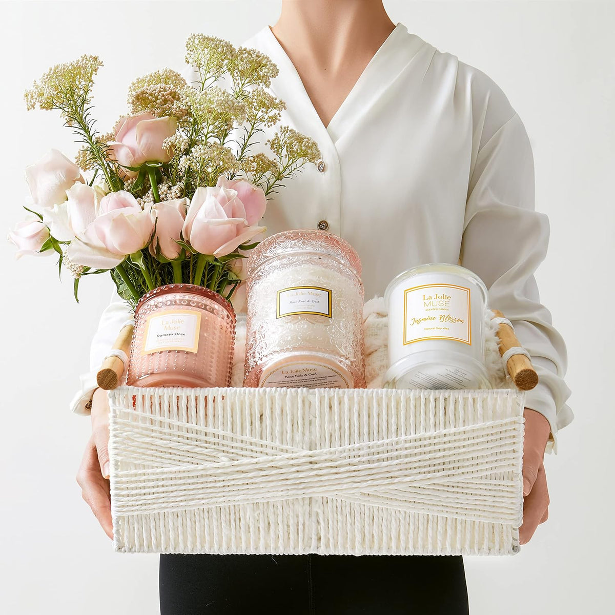 LA JOLIE MUSE Wicker Storage Baskets for Organizing, Recyclable Paper Rope Basket with Wood Handles, Decorative Hand Woven Basket Organizers for Makeup Books Shelves Living Room, White, Set of 2