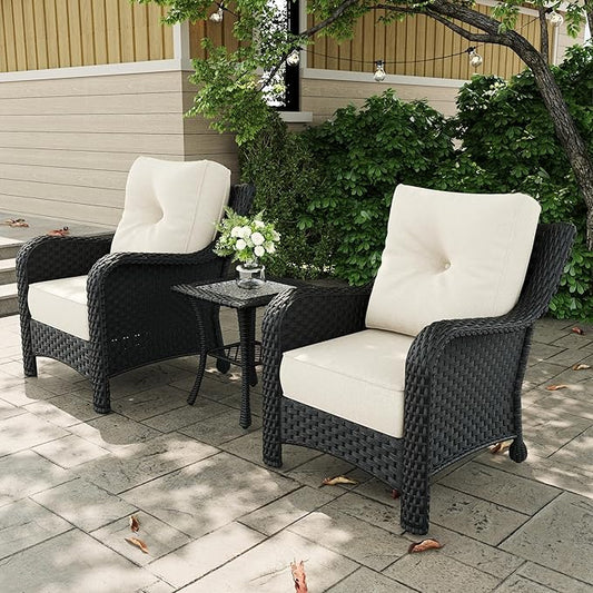 3 Pieces Outdoor Patio Furniture Sets with Single Chairs with 6-inch Thick Cushion and Side Table for Deck Lawn
