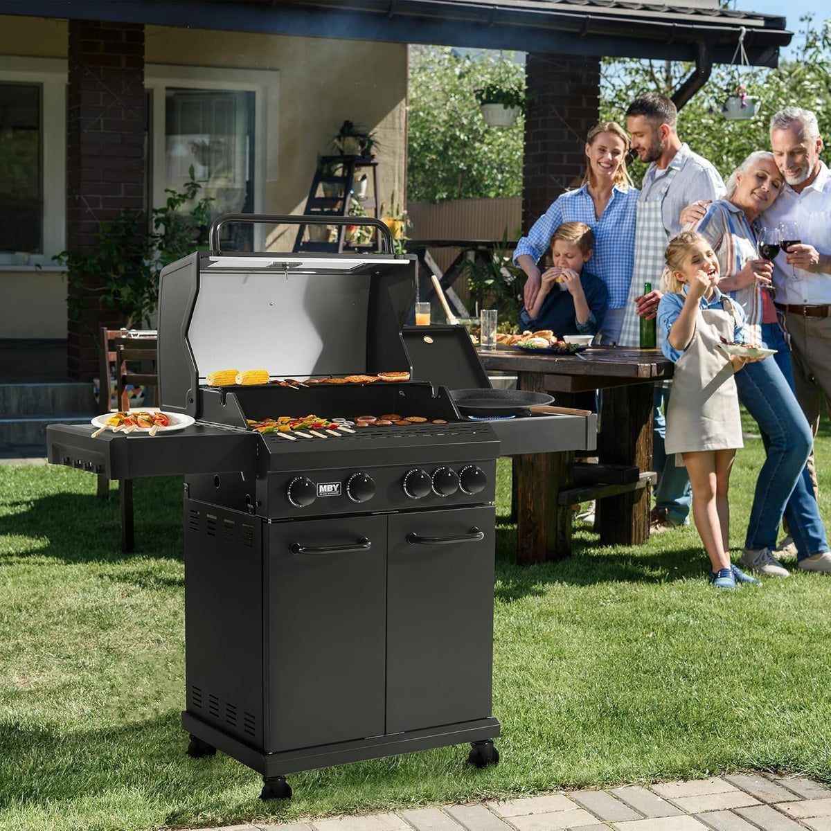 MBY 4-Burner Propane Gas Grill, 50,000 BTU Heavy Duty Outdoor BBQ Grill with Side Burner, Cast Iron Cooking Grates & Griddle for Backyard Barbecue