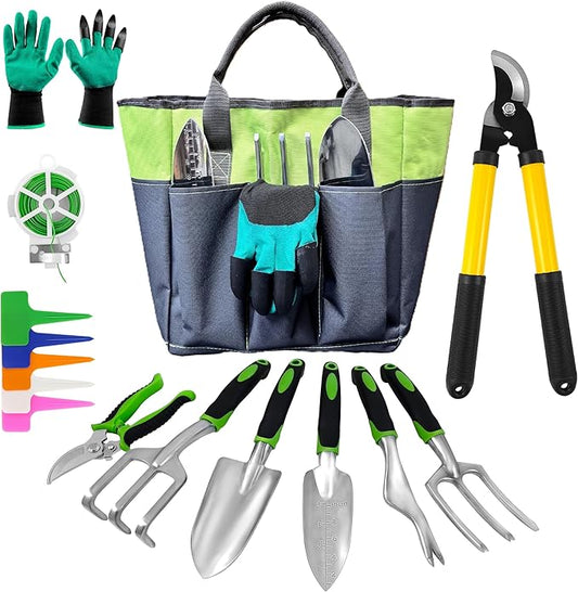 41-Piece Premium Gardening Tool Set, Stainless Steel Heavy Duty Gardening Tool Kit, with Non-Slip Rubber Grip, Storage Tote Bag, Outdoor Hand Tools, Ideal Gardening Gifts for All (Green/Grey)