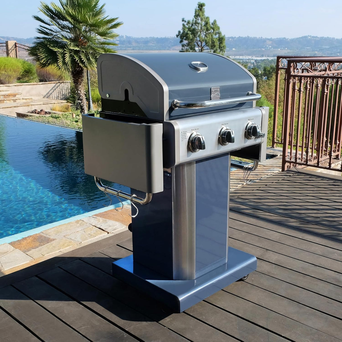 Kenmore 3-Burner Propane BBQ Grill, 30,000 BTUs Gas Grill with Cast Iron Cooking Grates, Folding Side Tables & Wheels, Outdoor Grill with Tool Hooks, Azure Blue
