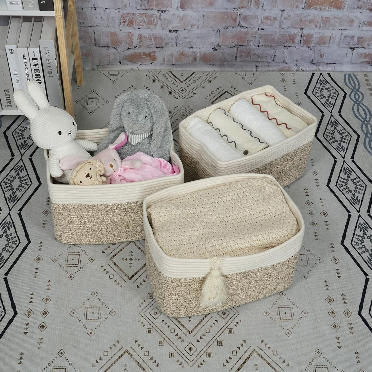 Cotton Rope storage Basket Bins Woven Basket for Organizing Shelves Rectangle Decorative Baskets For storage Clothes Toys Books Towels Square Wicker Nursery basket organizer 3 pack white and brown