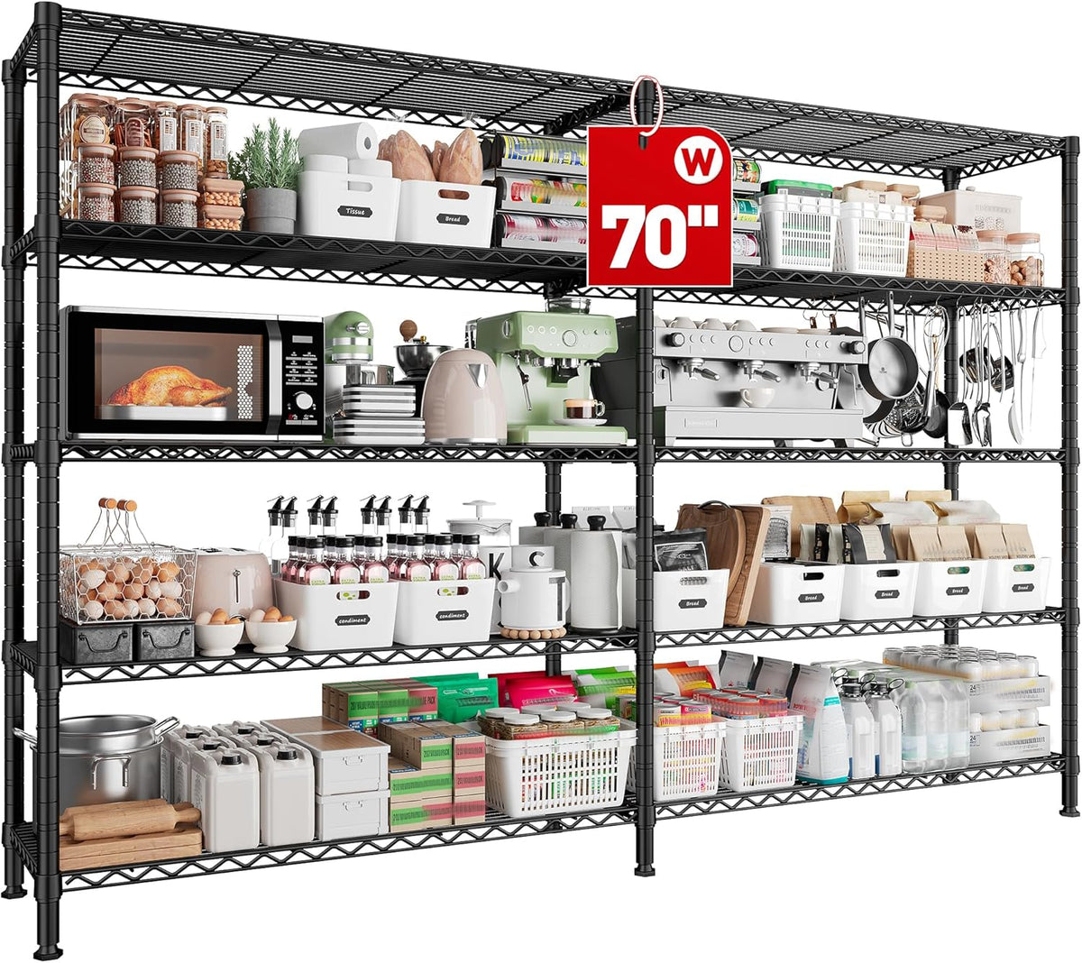 REIBII 70"W Storage Shelves Load 1600LBS, Metal Shelving 5-tier Wire Shelving Unit Metal Shelves for Storage Adjustable Garage Shelving for Pantry Kitchen Garage Commercial school 70"W*15.8"D*72.4"H