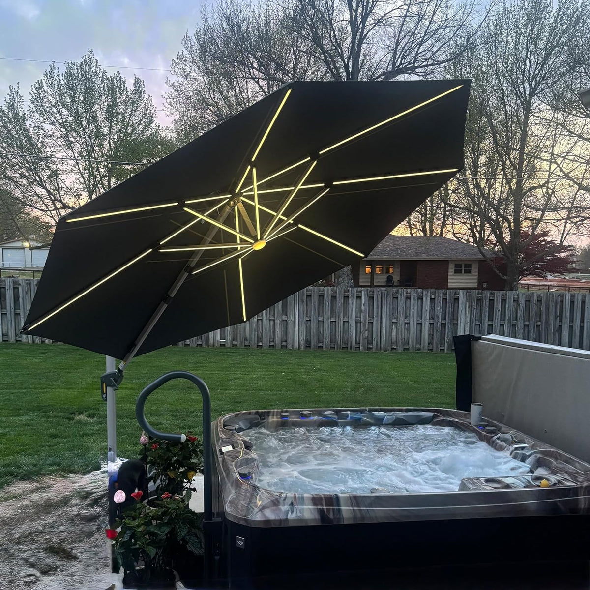 PURPLE LEAF 12ft Solar powered LED Patio Umbrella Outdoor Round Umbrella Large Cantilever Umbrellas with LED lights Windproof Offset Umbrellas Heavy Duty Sun Umbrella for Garden Deck Pool Patio, Grey