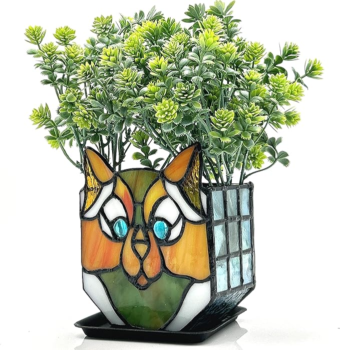 Cat Flower Pots for Indoor Plants,Stained Glass Cat Plant Displays,Cat Succulent Planter,Candle Holder Container Decoration,4.6x5.15x2.3 in (Without Succulents)