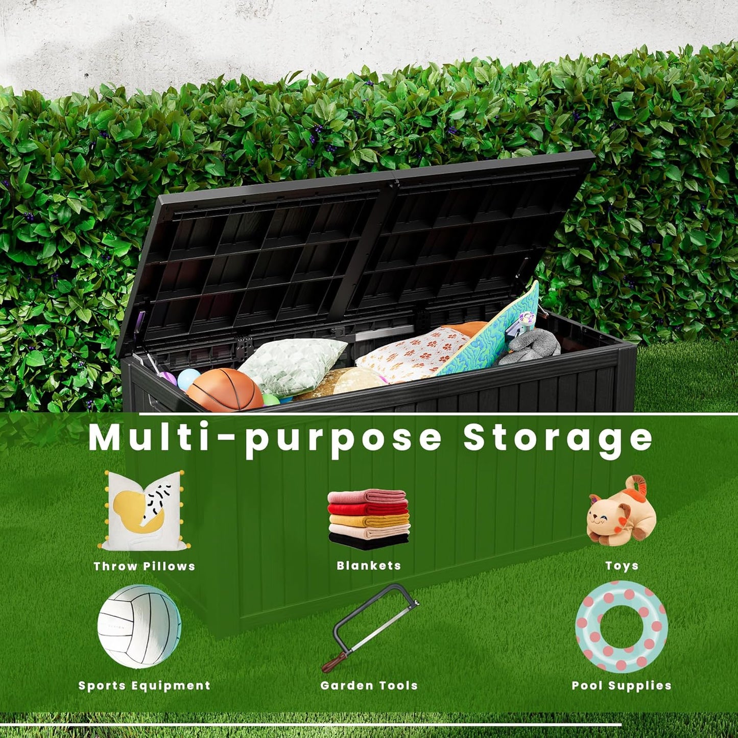 200 Gallon Waterproof Large Resin Deck Box Indoor/Outdoor Lockable Storage Container and Seating for Garden, Pool, and Patio (200 Gallon, Black)