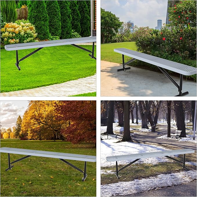 48" L Outdoor Steel Flat Bench, Heavy Duty Metal Park Bench for Outside, Expanded Metal, Commercial Benches Mesh Bench for Shopping Mall, Store, Lawn, Park, Patio, Deck, Garden (Grey, 8FT)