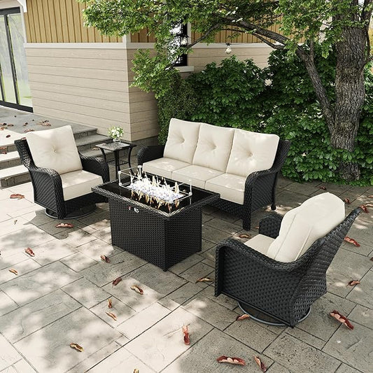 5 Pieces Outdoor Patio Furniture Sets with Rocking Swivel Chairs with 6-inch Thick Cushion and Fire Pit Table for Deck Lawn