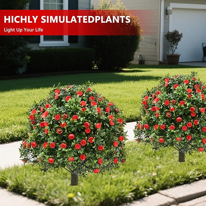 28" Artificial Boxwood Topiary Tree with Rose, Set of 2 Artificial Shrub Bushes with Ground Spike, Fake Evergreen Tree for Porch, Artificial Plants for Outdoor Planters Indoor UV Resistant