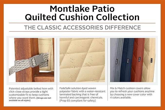 Classic Accessories Montlake FadeSafe Water-Resistant 25 x 22 x 4 Inch Wide Back Patio Quilted Lounge Cushion, Grey