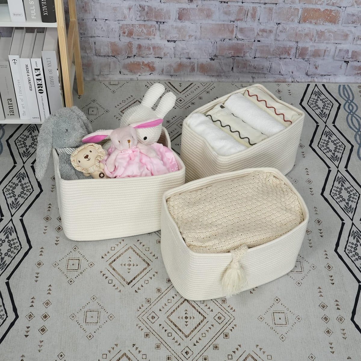 Cotton Rope storage Basket Bins Woven Basket for Organizing Shelves Rectangle Decorative Baskets For storage Clothes Toys Books Towels Square Wicker Nursery basket organizer 3 pack white