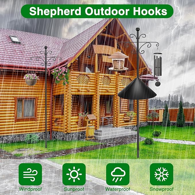 Bird Feeder Pole for Outdoors Heavy Duty Squirrel Proof, 2 Pack 108 Inch Adjustable Tall Shepherds Hooks for Outdoor with 5 Prongs Base, Double Shepherd Hooks (2 Pack Black, 108 Inch)