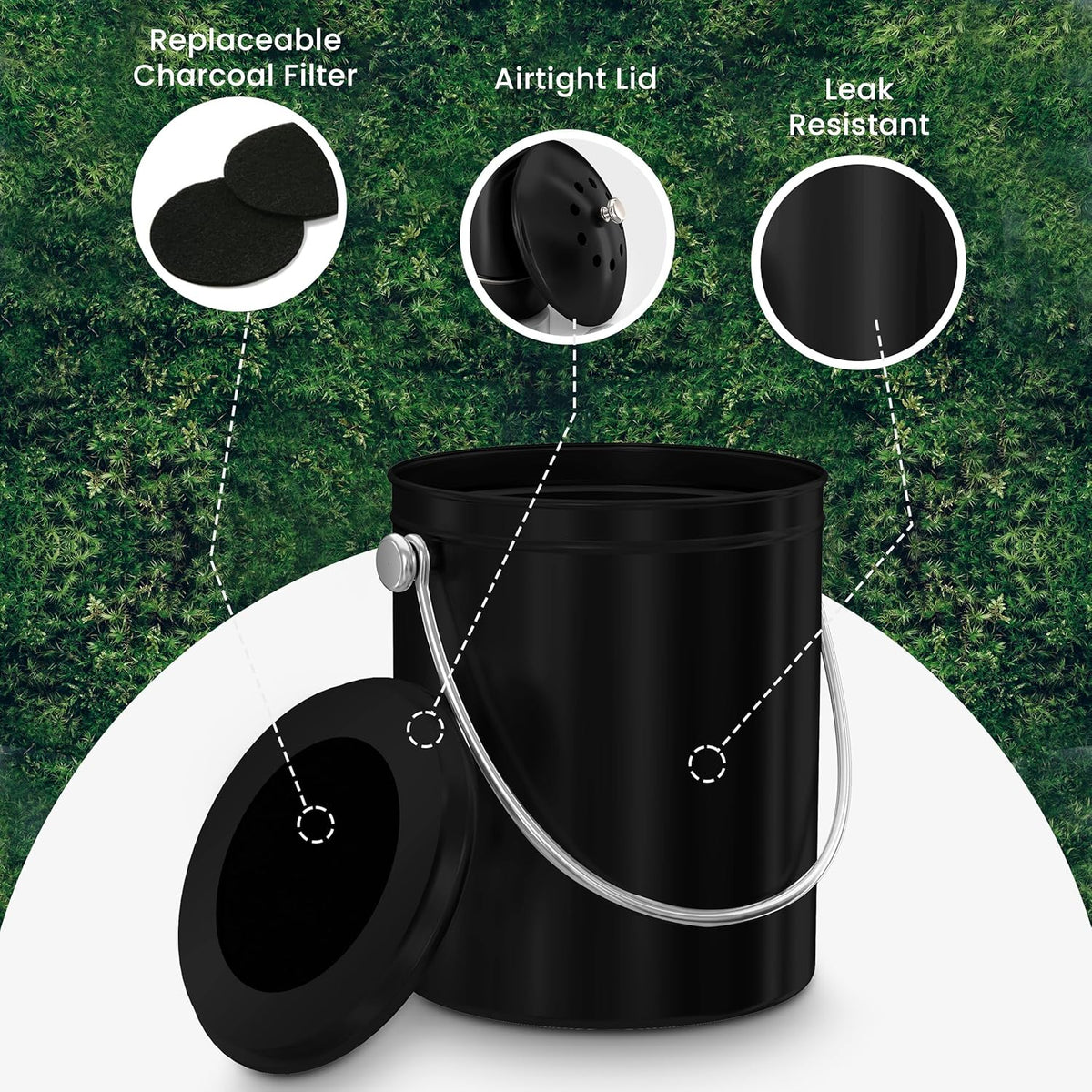 Utopia Kitchen Compost Bin for Kitchen Countertop, 1 Gallon Compost Bucket for Kitchen with Lid, Includes 1 Spare Charcoal Filter (Black)