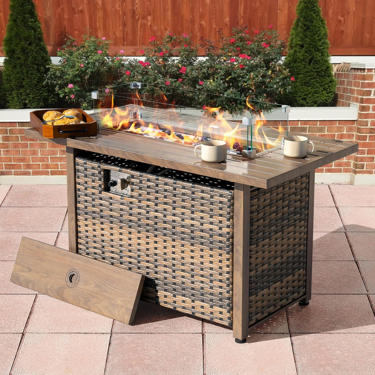 Nuu Garden 43 Inch Propane Fire Pit, CSA-Listed Outdoor Fire Pit Table, 50000 BTU Gas FirePit with Lid, Glass Wind Guard, Glass Beads, 2-in-1 Rectangular FirePit for Outside Backyard, Brown