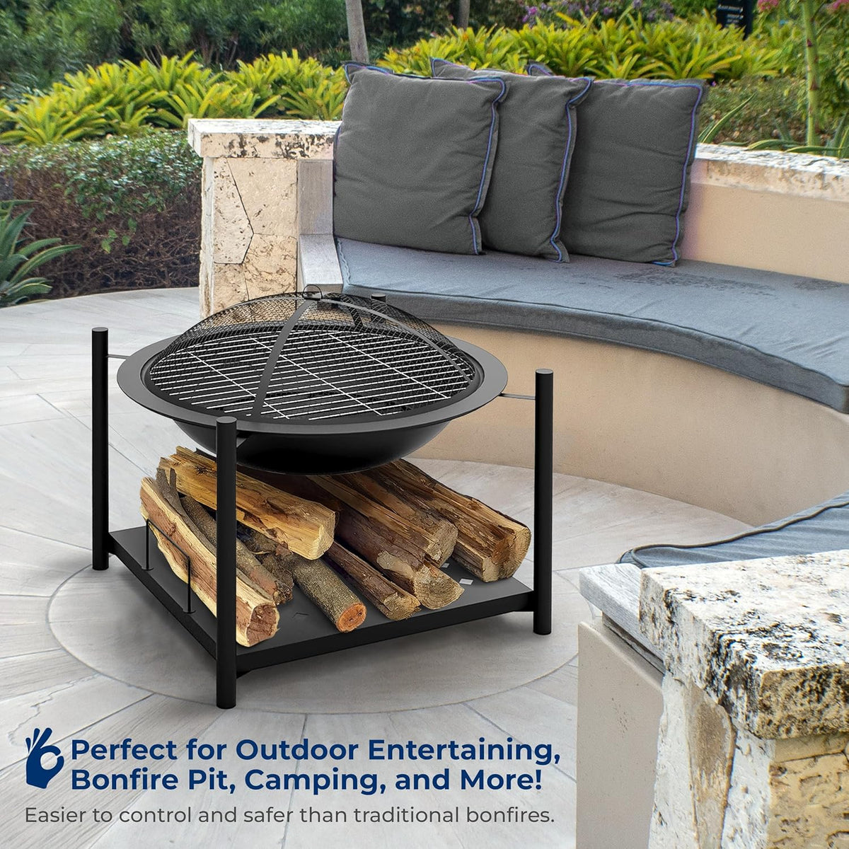 SereneLife Portable Outdoor Fire Pit - 2-in-1 Steel BBQ Grill and 26" Wood Burning Fire Pit Bowl with Mesh Spark Screen, Log Grate, Fire Poker, and Cover for Camping, Picnic, Bonfires
