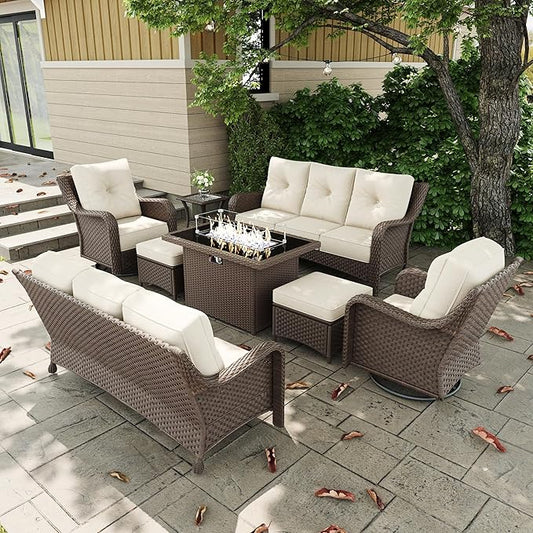 8 Pieces Outdoor Patio Furniture Sets with Rocking Swivel Chairs with 6-inch Thick Cushion and Fire Pit Table for Deck Lawn