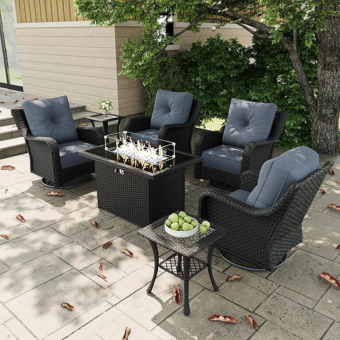 7 Pieces Outdoor Patio Furniture Sets with Rocking Swivel Chairs with 6-inch Thick Cushion and Fire Pit Table for Deck Lawn