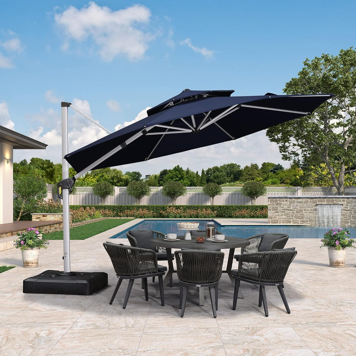 PURPLE LEAF 12 Feet Double Top Round Deluxe Patio Umbrella Offset Hanging Umbrella Outdoor Market Umbrella Garden Umbrella, Navy Blue