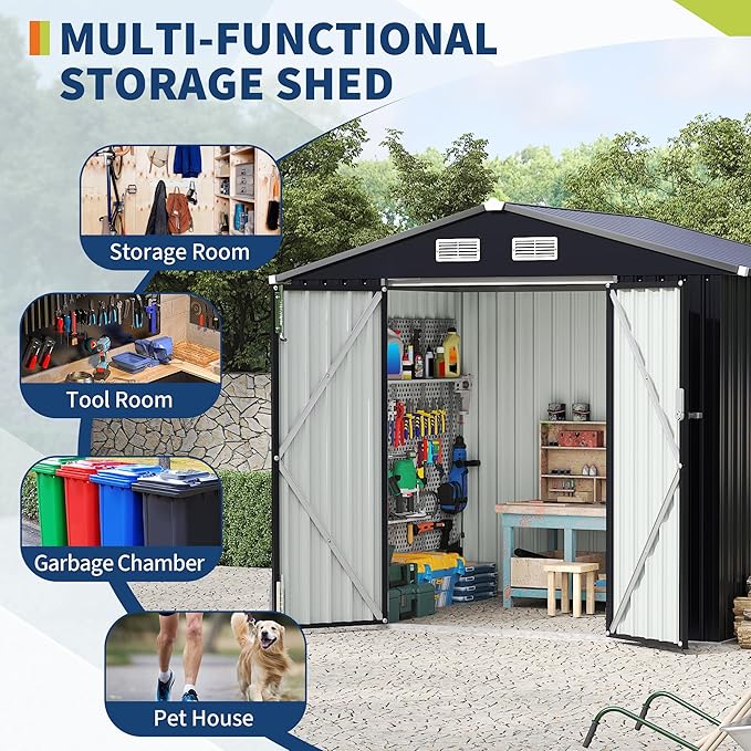 6x8 FT Metal Storage Sheds Outdoor, Metal Yard Sheds MetalGarden Shed Kit, MetalTool Shed with Lockable Door, Utility Buildings with Air Vent for Backyard Garden Patio Lawn