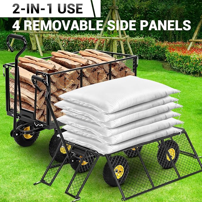 Heavy Duty Steel Garden Cart, 1100LBS Pullable Metal Garden Wagon with 10" Wheels, 180° Rotating Handle and Removable Sides for Outdoor, Farm, Yard, Beach ﻿