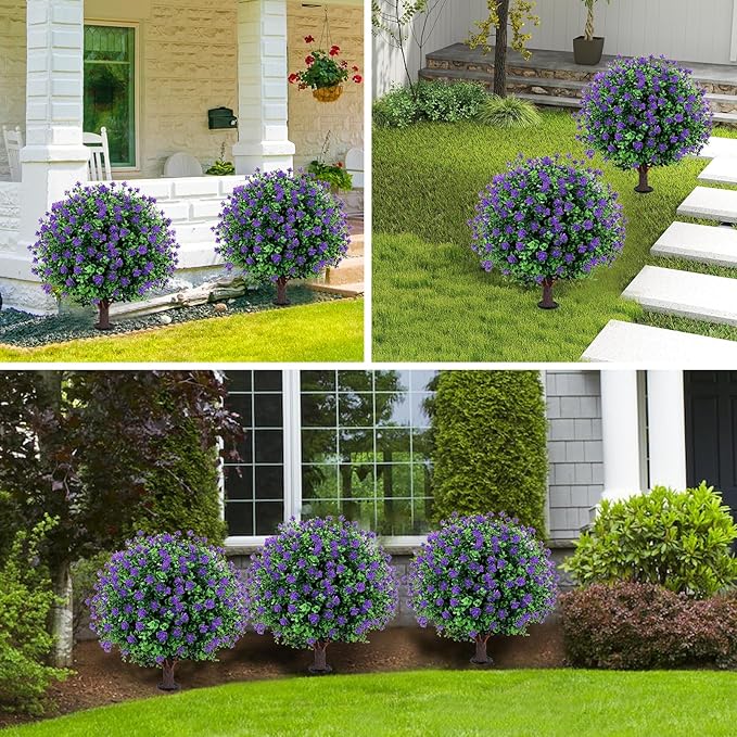 Artificial Purple flower Topiary Ball Tree 25" with Ground Spike, Set of 2 Artificial Boxwood Bushes for Faux Shrubs, Fake Evergreen Faux Plant for Indoor Outdoor Garden -UV Resistant–Fade-Proof