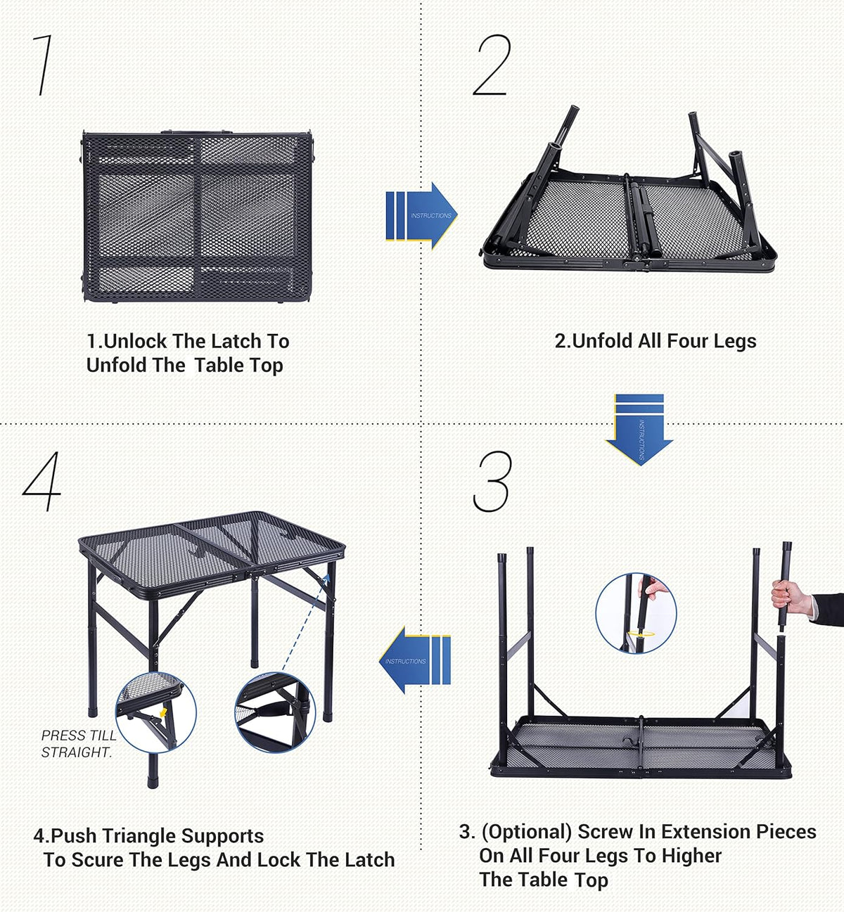 Nice C Table for Grill, Outdoor Table, Camping Table, Outdoor Cooking Table, Picnic Tables, Card Table Adjustable Height, Mesh Bag, Carry Handle (47.3” x 23.7“ x 14.7”/24.2“ Black)