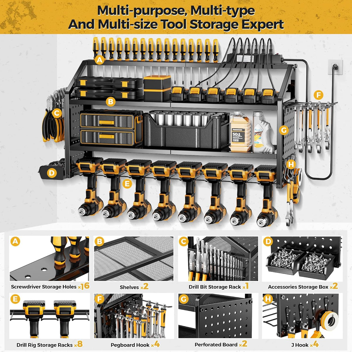 LBT Large Power Tool Organizer Wall Mount with Charging Station, 8 Drill Holder, 4 Layer Heavy Duty Metal Tool Storage Rack, 6 Power Strip, 8 Hooks, 2 Screw Boxes, Cool Gifts for Him Fathers Day