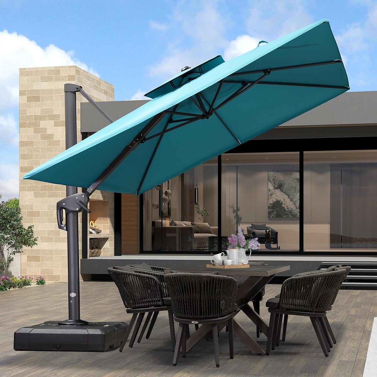 PURPLE LEAF 9' X 12' Cantilever Outdoor Umbrellas Large Patio Umbrella Hanging Double Top Rectangle Offset Umbrella with 360°Rotation Tilting Umbrella Outdoor Patio, Turquoise Blue