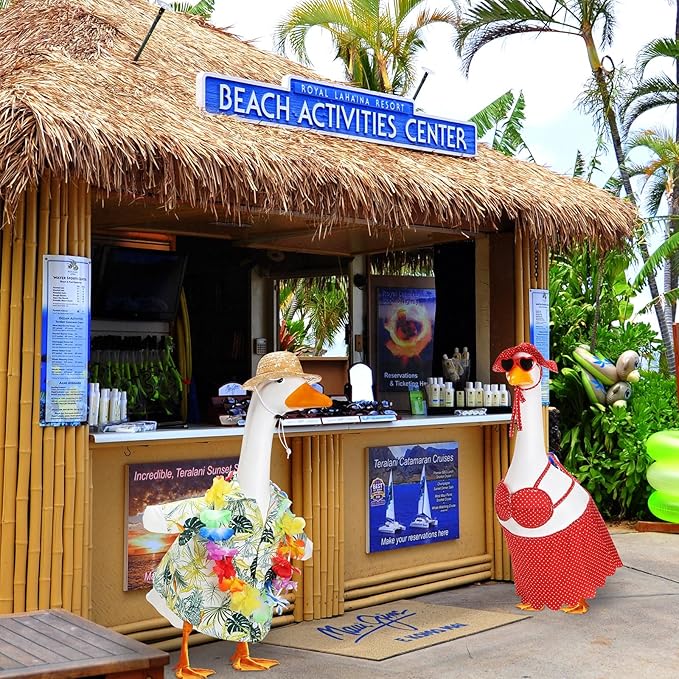 2 Set Hawaiian Luau Porch Goose Outfit for Lawn 23'' Plastic Goose Clothes Costume Summer Outdoor Decor(Dot Bikini)