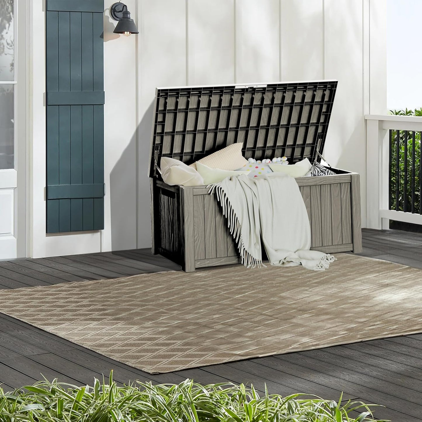 150 Gallon Waterproof Large Resin Deck Box Indoor/Outdoor Lockable Storage Container and Seating for Garden, Pool, and Patio (150 Gallon, Grey)