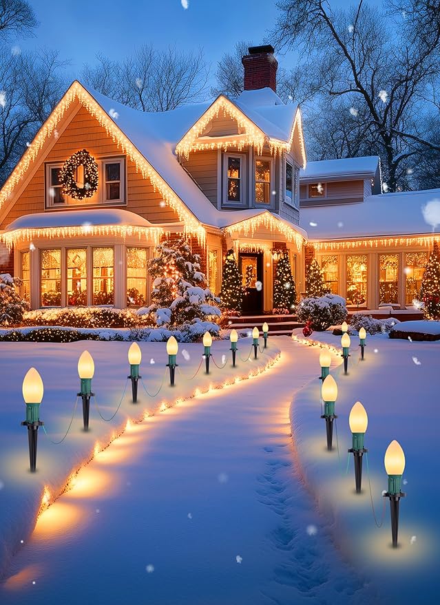 Brightown Frosted C9 LED Christmas Lights Outdoor, 32Ft Pathway Lights with 25 LED Bulbs, Warm White