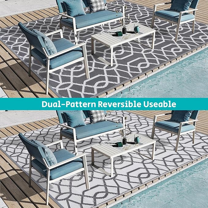 HEBE Outdoor Rug Waterproof 8x10, Reversible Plastic Straw Rug RV Camping Rug, Indoor Outdoor Patio Mat Clearance, Outside Carpet for Porch,Deck,Camper,Balcony,Backyard,Picnic