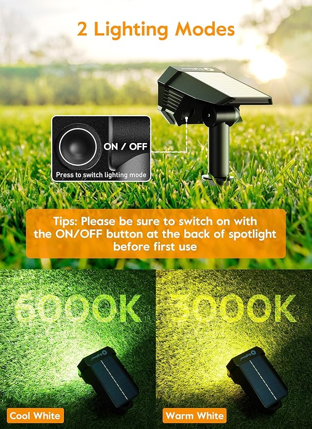 Brightown Solar Lights Outdoor Waterproof, White and Warm White 2 Colors Solar Spot Lights Outdoor with Remote Control, 3 Modes Solar Powered Outdoor Lights for Yard Porch Pathway Garden, 8 Pack