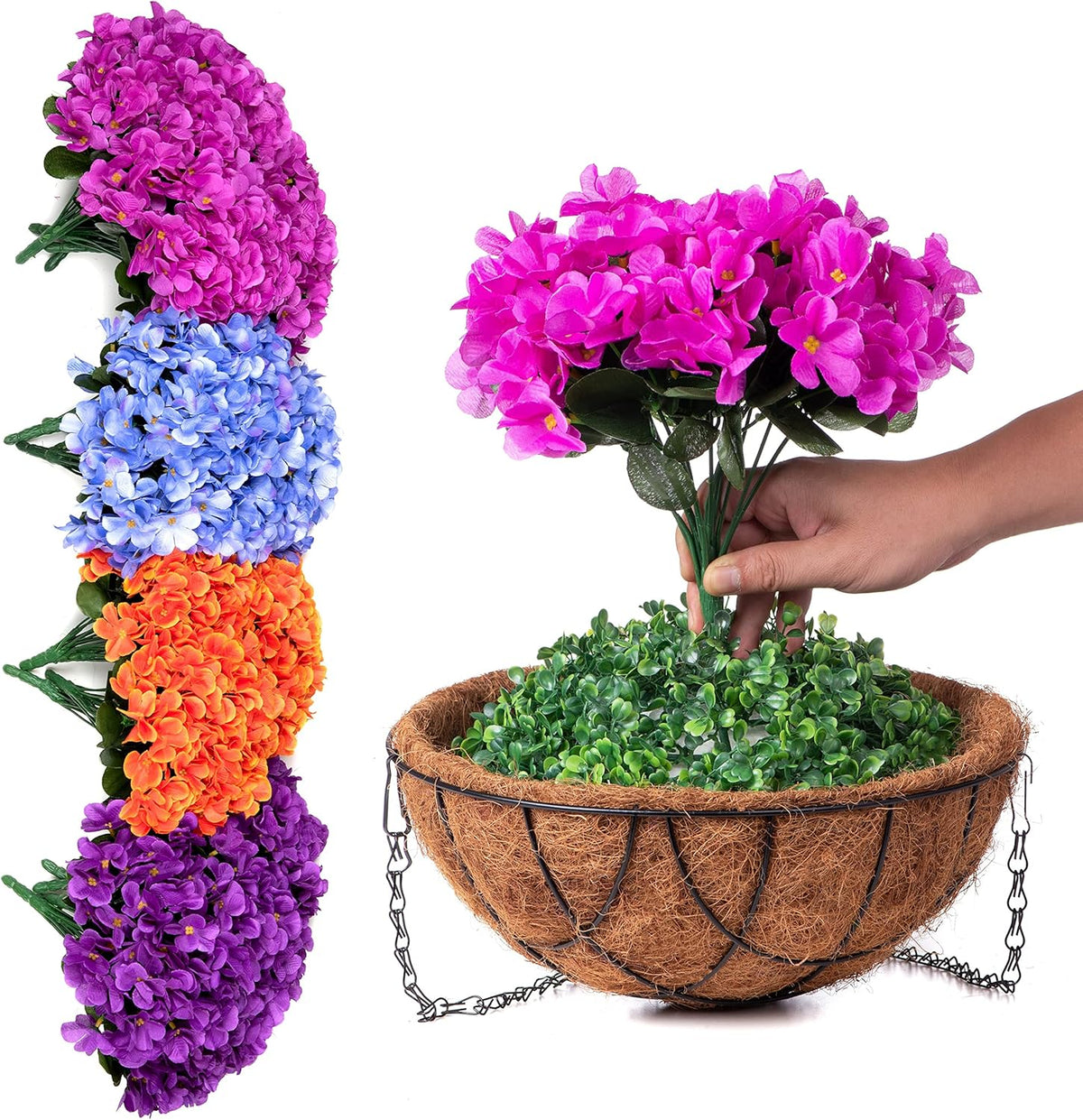 Fall Artificial Flowers with Hanging Basket for Outdoor Indoor, 4 Branches Fake Hydrangea Flowers in Coconut Lining Hanging Basket Home Courtyard Spring Summer Decor(Orange)